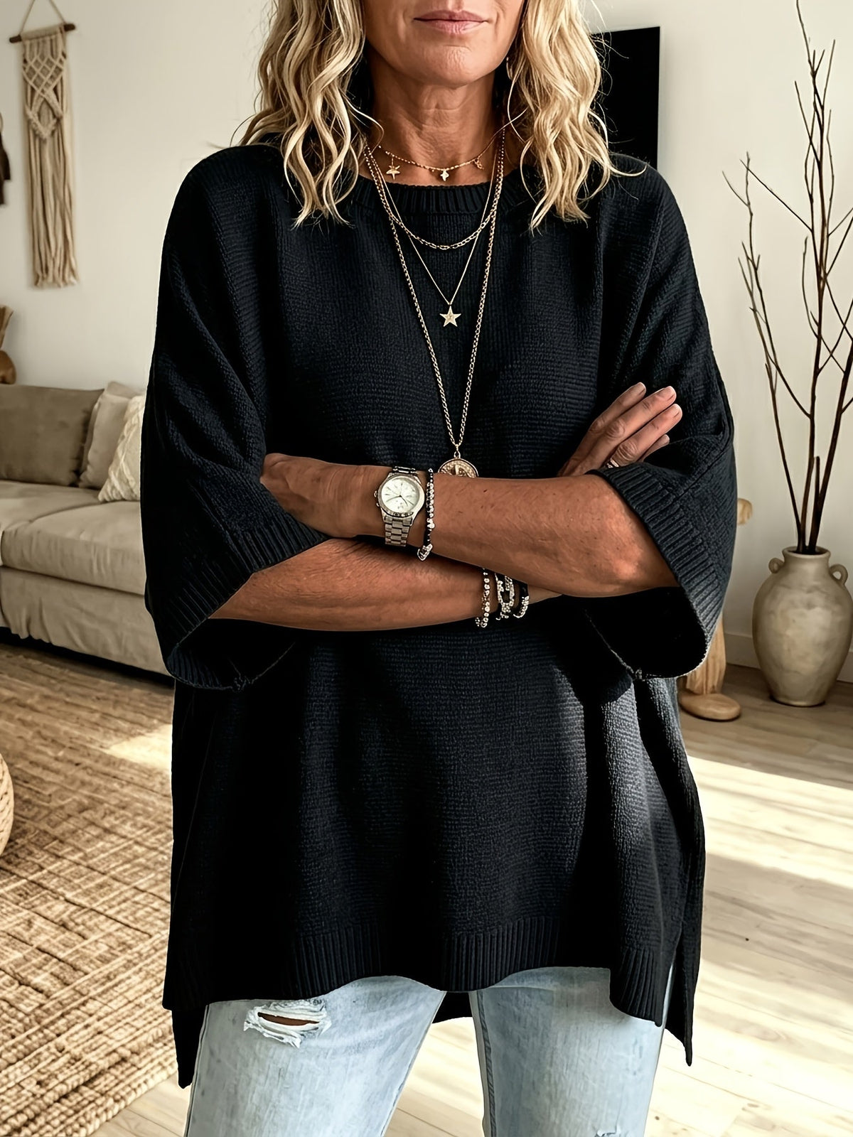 Oversized Trui Dames – Fijngebreide Trui Met Vleermuismouwen