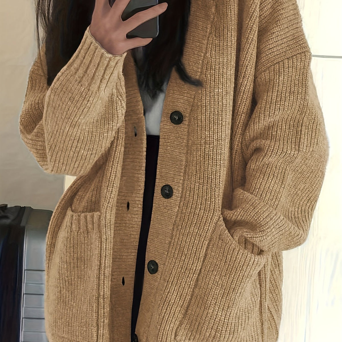 Lange Oversized Dames Cardigan Met V-Hals En Opgestikte Zakken