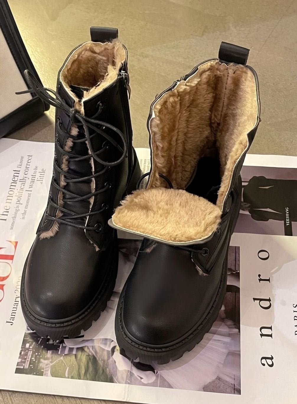 Leerlook Winterlaarzen Dames – Veterboots Met Fleecevoering