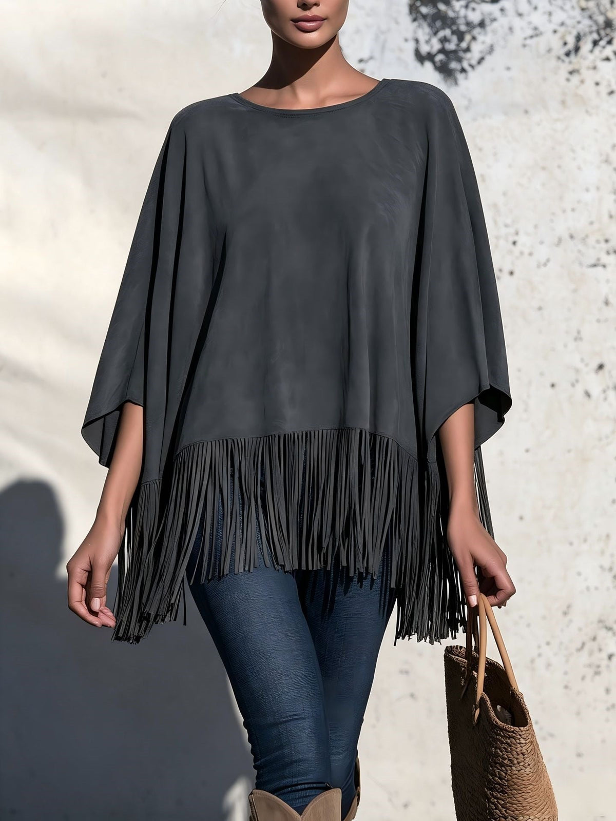 Losvallende Blouse Dames Met Franjes – Top Met Ronde Hals