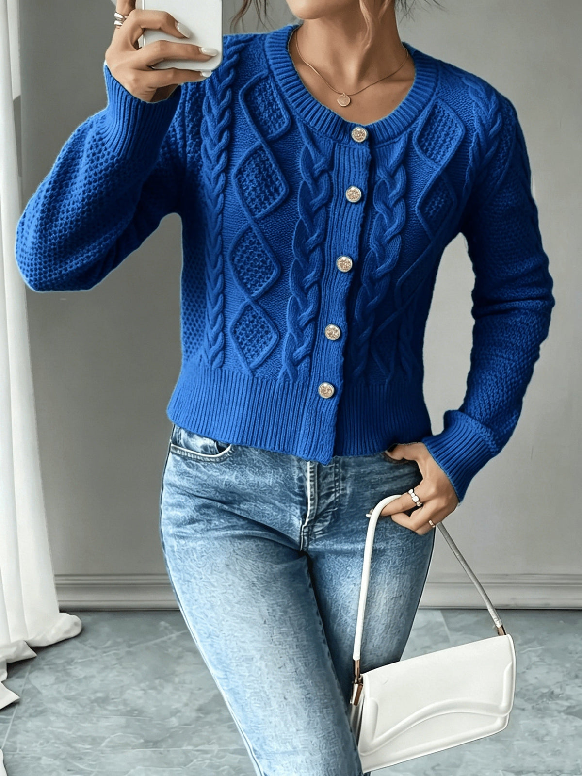 Dames Gebreid Korte Cardigan Met Kabelpatroon En Gouden Knopen