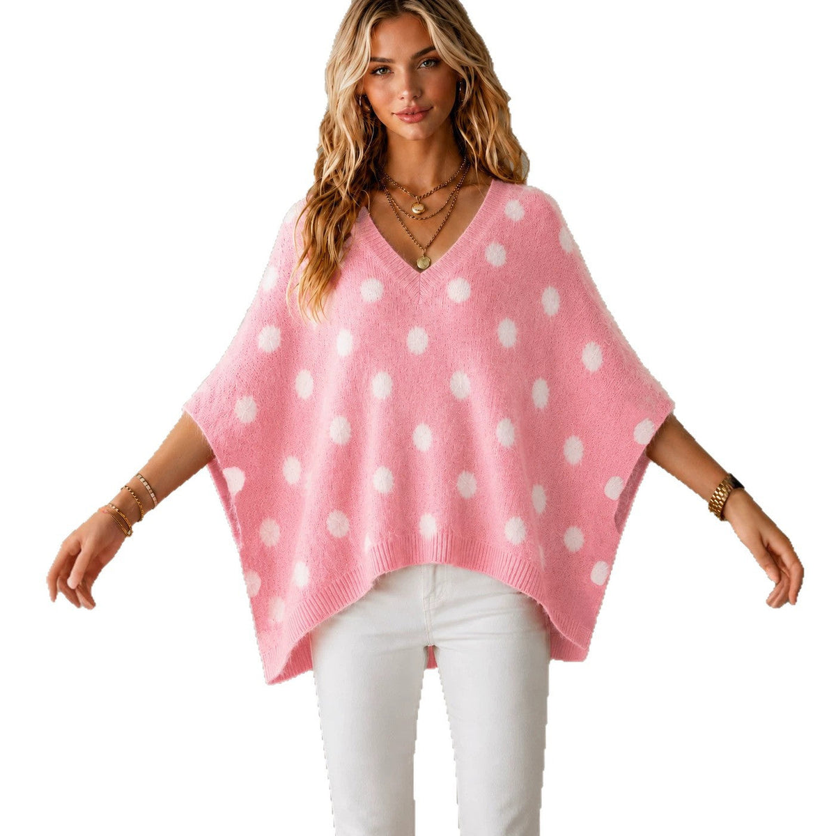 Oversized Trui Dames Met Stippen – Gebreide Sweater Met V-Hals