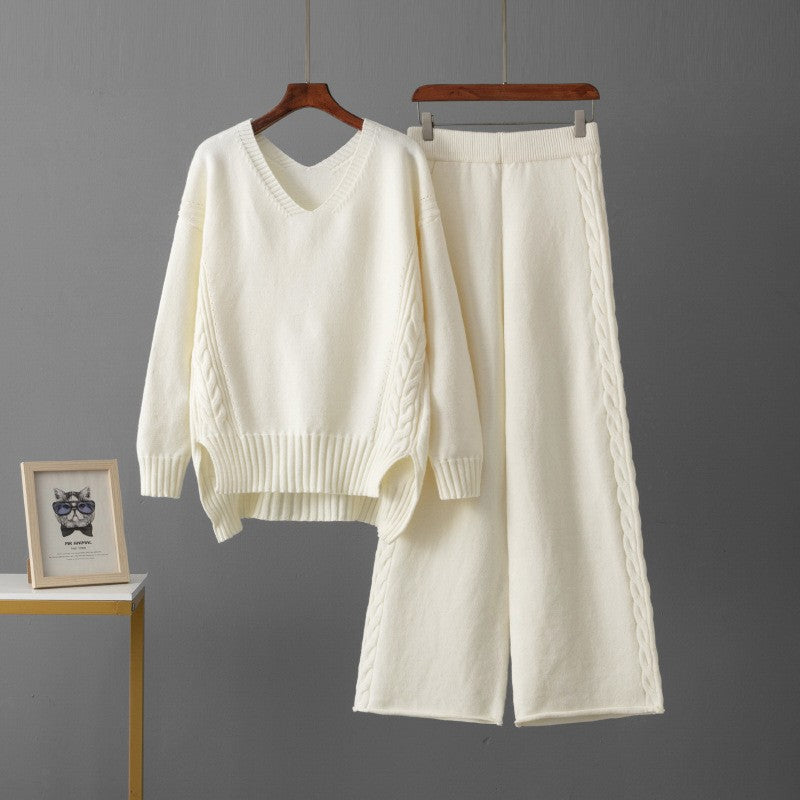 Gebreide Set Dames – Kabeltrui Met V-Hals & Wijde Broek