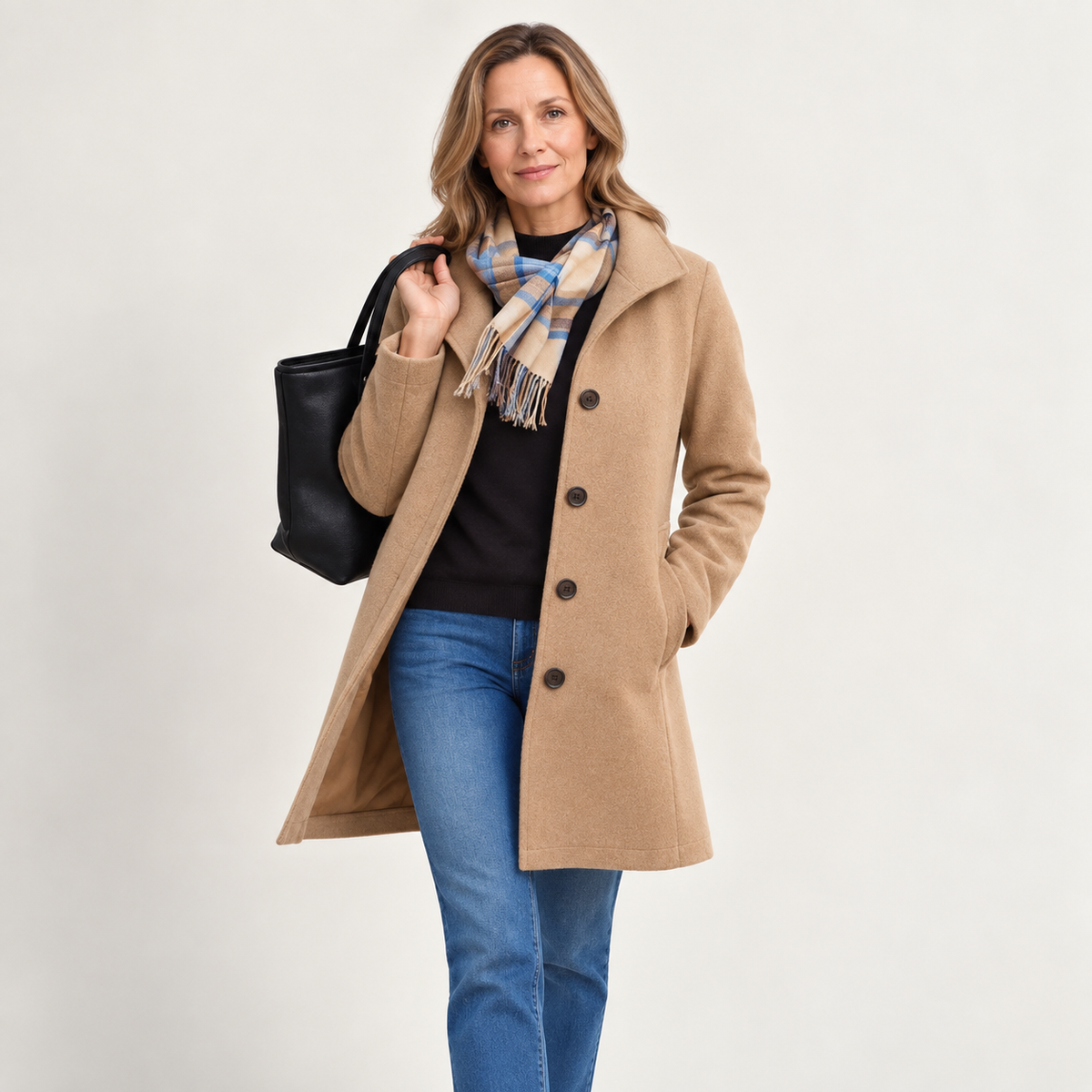 Lange Dames Mantel Jas Met Brede Kraag En Knoopsluiting