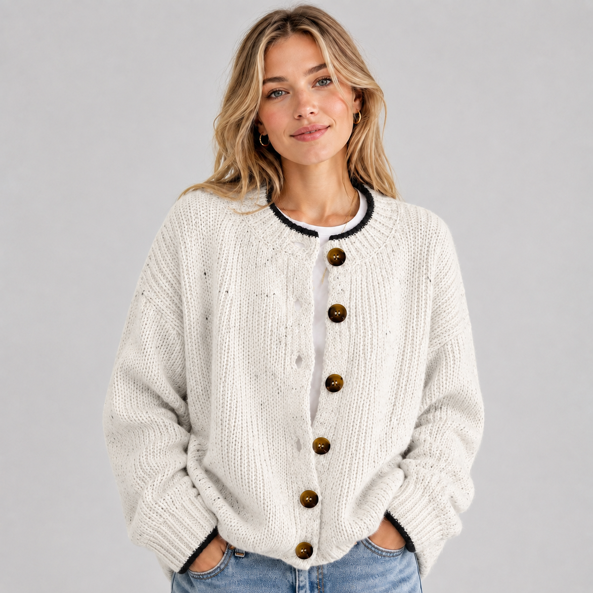 Gebreide Dames Cardigan Met Ronde Hals En Knopen