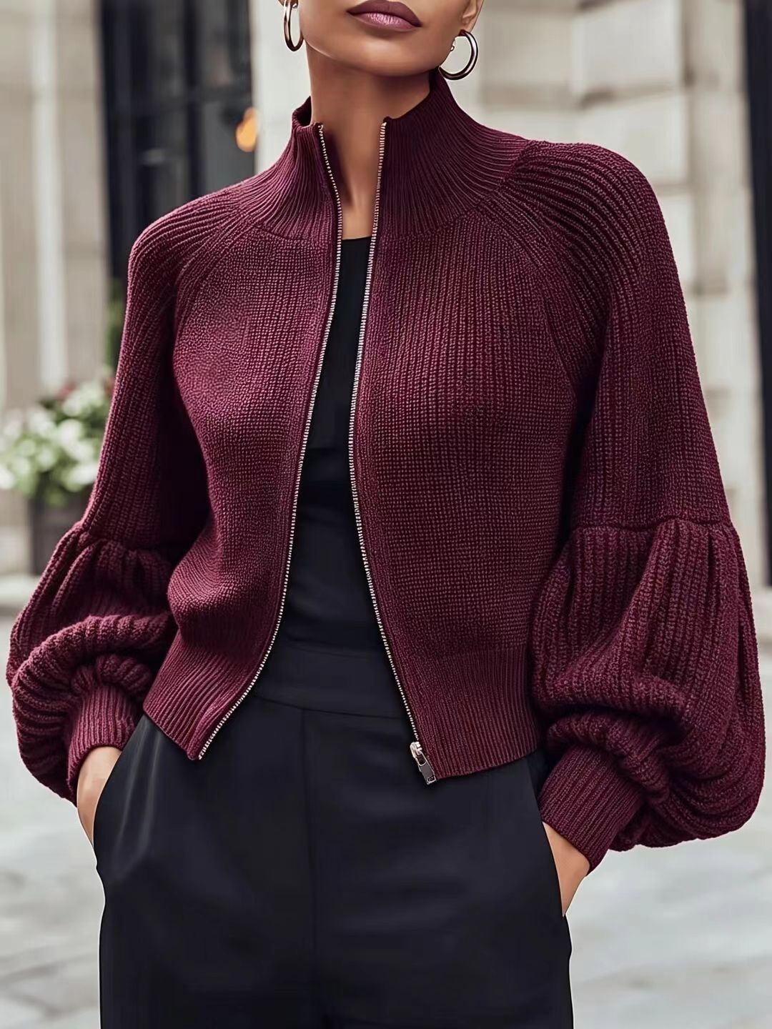 Kort Gebreid Vest Dames – Cropped Cardigan Met Pofmouwen