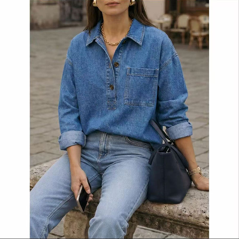 Denim Blouse Dames Met Lange Mouwen – Verbleekte Spijkerlook