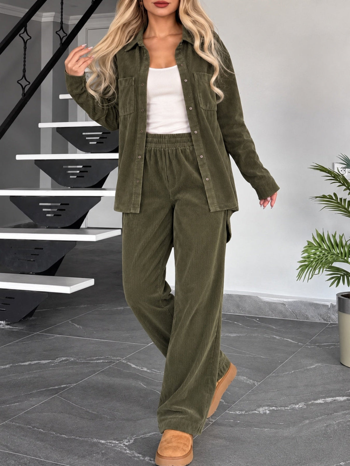 Corduroy Set Dames – Tweedelige Blouse & Wijde Broek