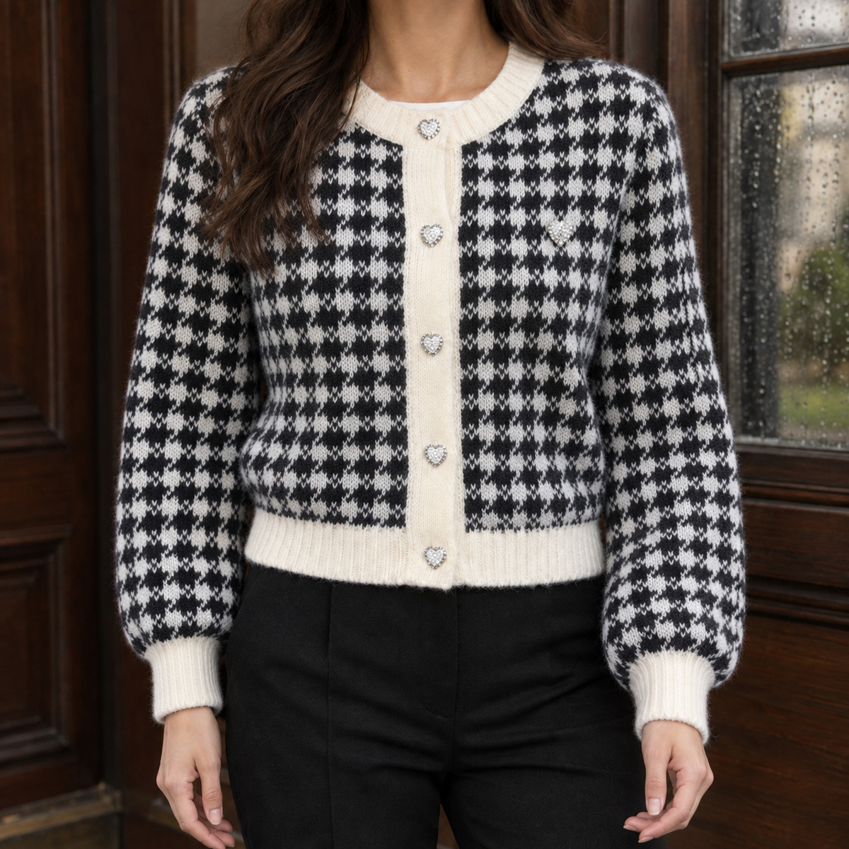 Geruit Dames Cardigan Met Ronde Hals En Knoopsluiting