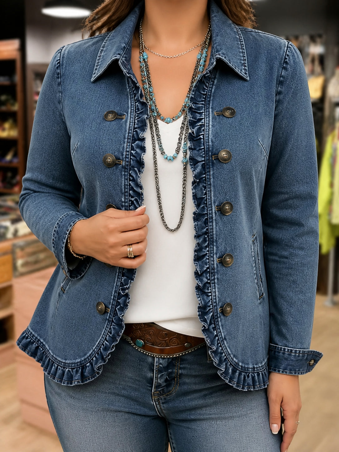 Denim Blazer Voor Dames Met Dubbele Knoopsluiting En Ruches