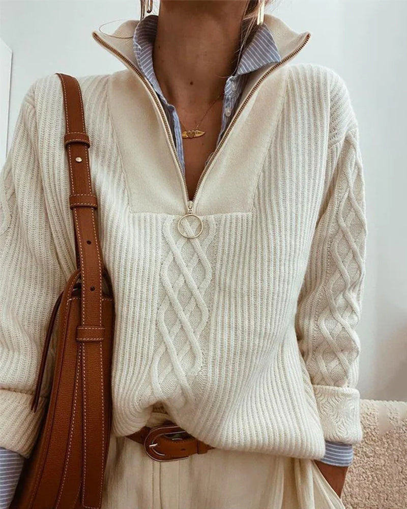 Half-Zip Trui Dames – Gebreide Sweater Met Kabelpatroon