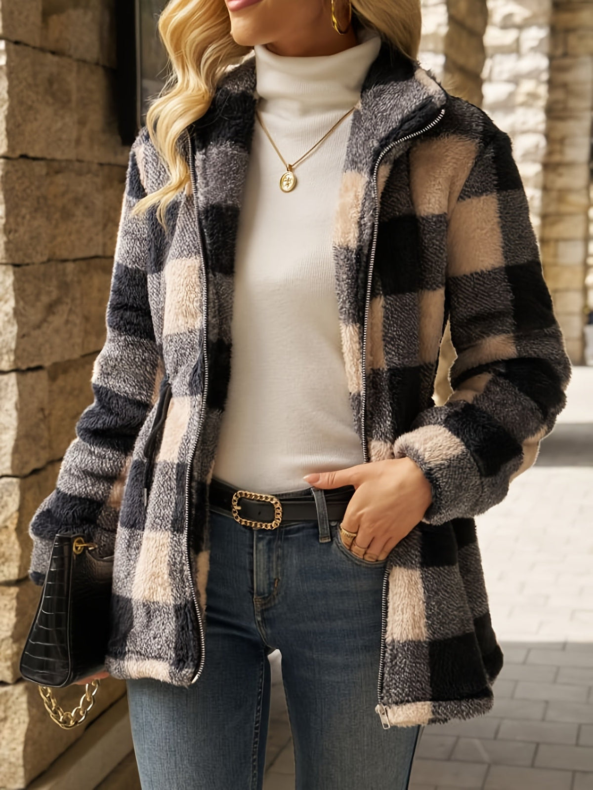 Geruite Teddy Jas Dames – Zachte Jas Met Capuchon