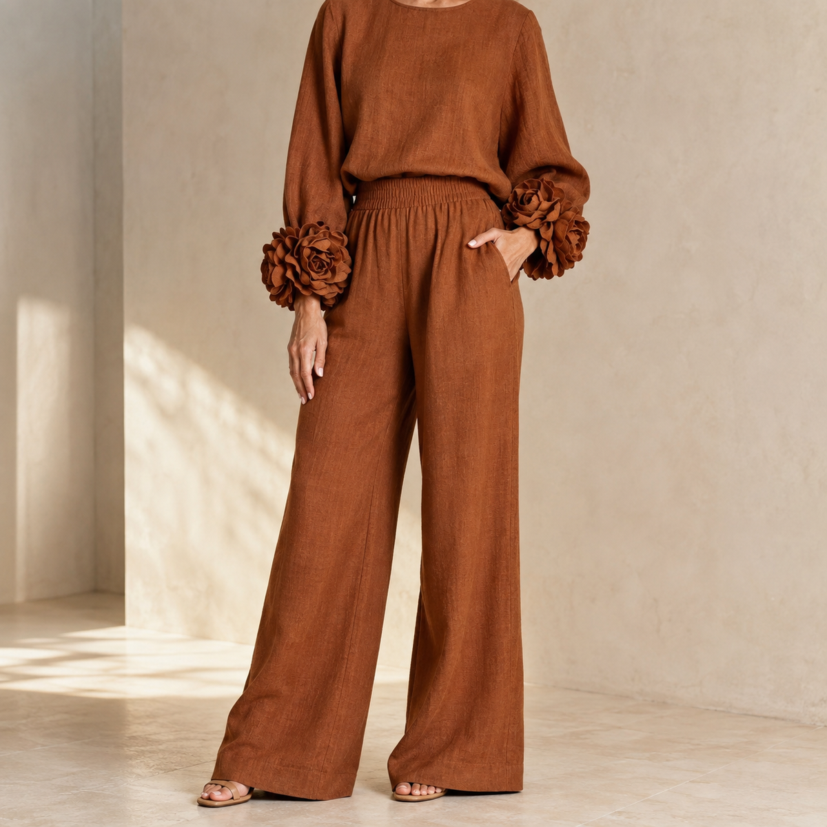 Chique Co-ord Set Dames – Blouse Met Bloemen & Wijde Broek