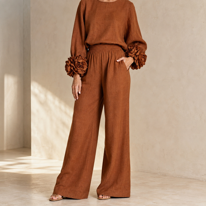 Chique Co-ord Set Dames – Blouse Met Bloemen & Wijde Broek