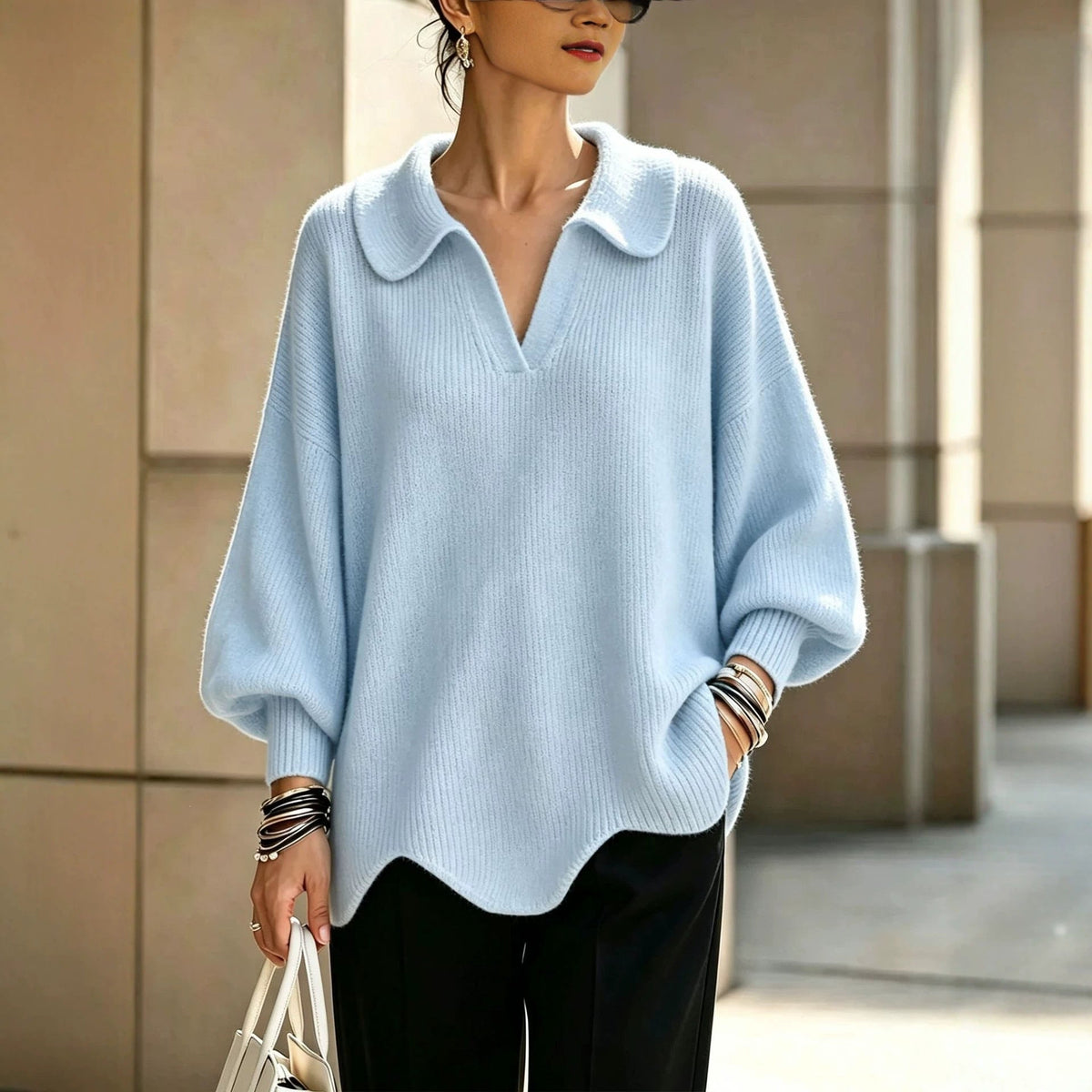 Oversized Trui Dames Met V-Hals – Sweater Met Ballonmouwen