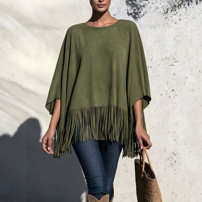 Losvallende Blouse Dames Met Franjes – Top Met Ronde Hals