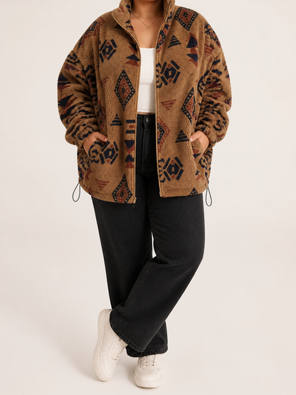 Bruine Dames Teddy Jas Met Opstaande Kraag En Geometrisch Patroon