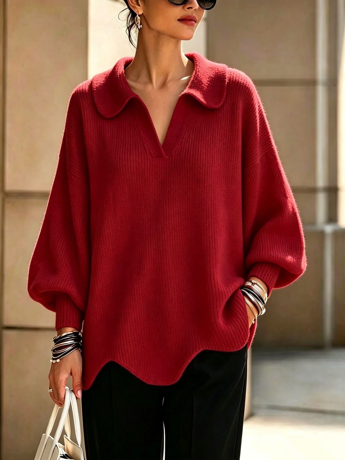 Oversized Trui Dames Met V-Hals – Sweater Met Ballonmouwen