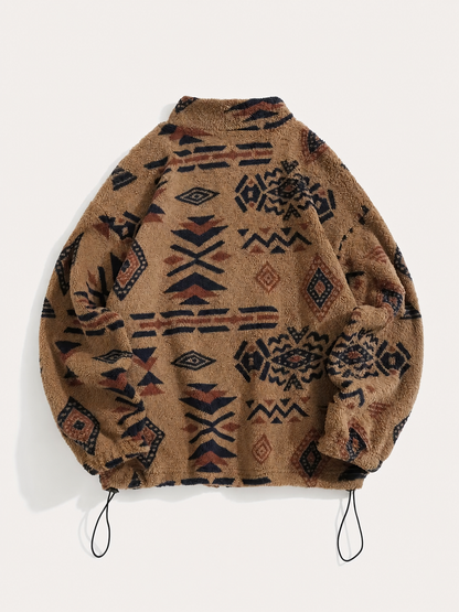 Bruine Dames Teddy Jas Met Opstaande Kraag En Geometrisch Patroon