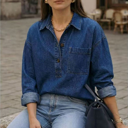 Denim Blouse Dames Met Lange Mouwen – Verbleekte Spijkerlook
