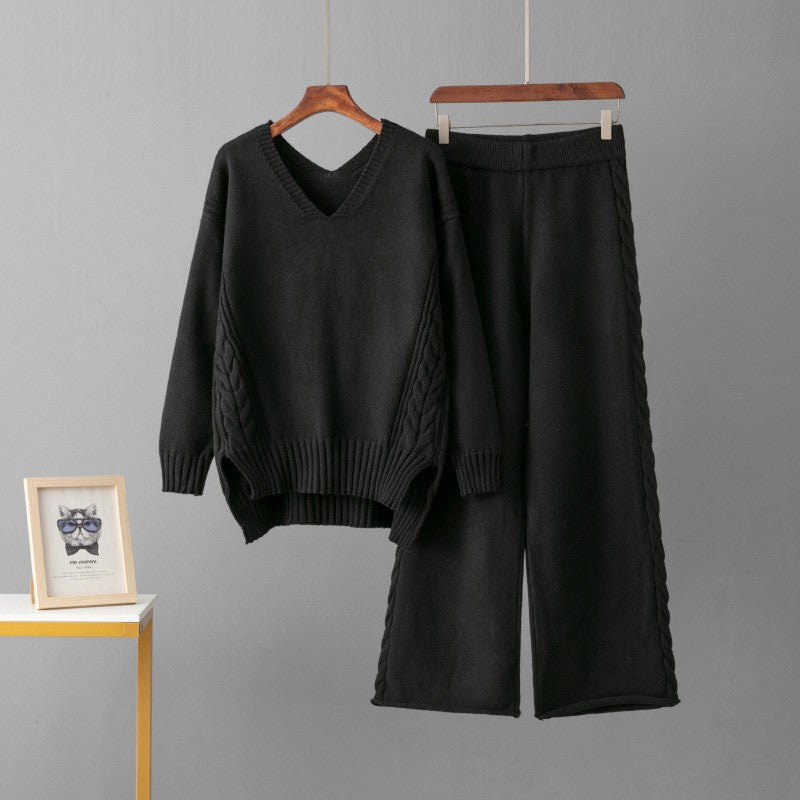 Gebreide Set Dames – Kabeltrui Met V-Hals & Wijde Broek