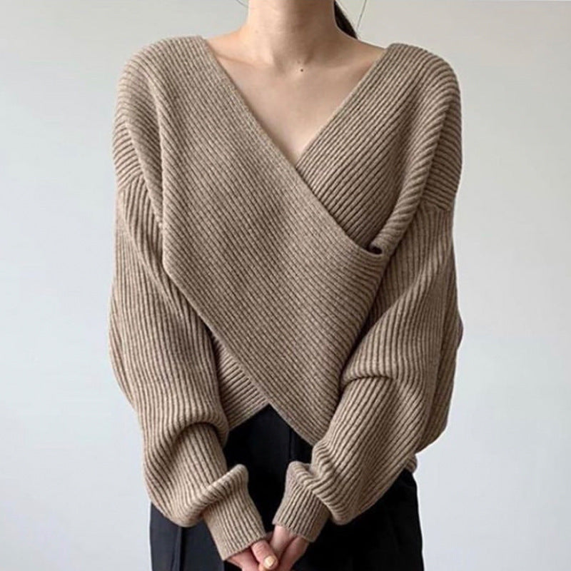 Gebreide Overslagtrui Dames – Sweater Met Gekruist Voorpand