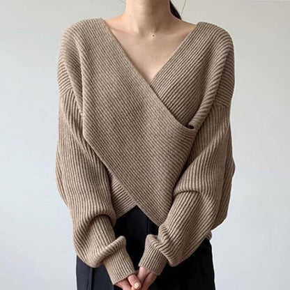 Gebreide Overslagtrui Dames – Sweater Met Gekruist Voorpand