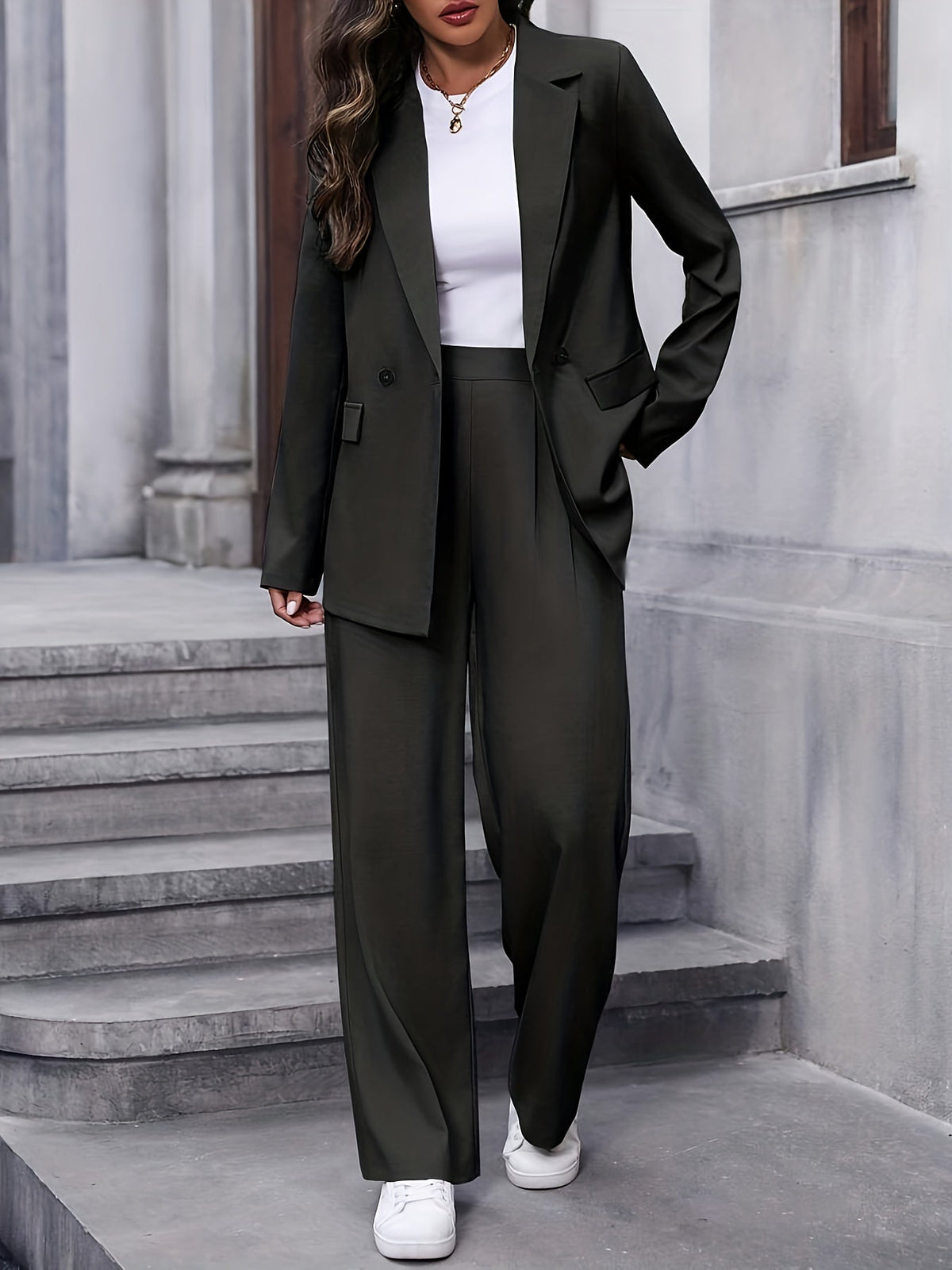 Elegante Dames Blazer Set Met Wijde Pantalon