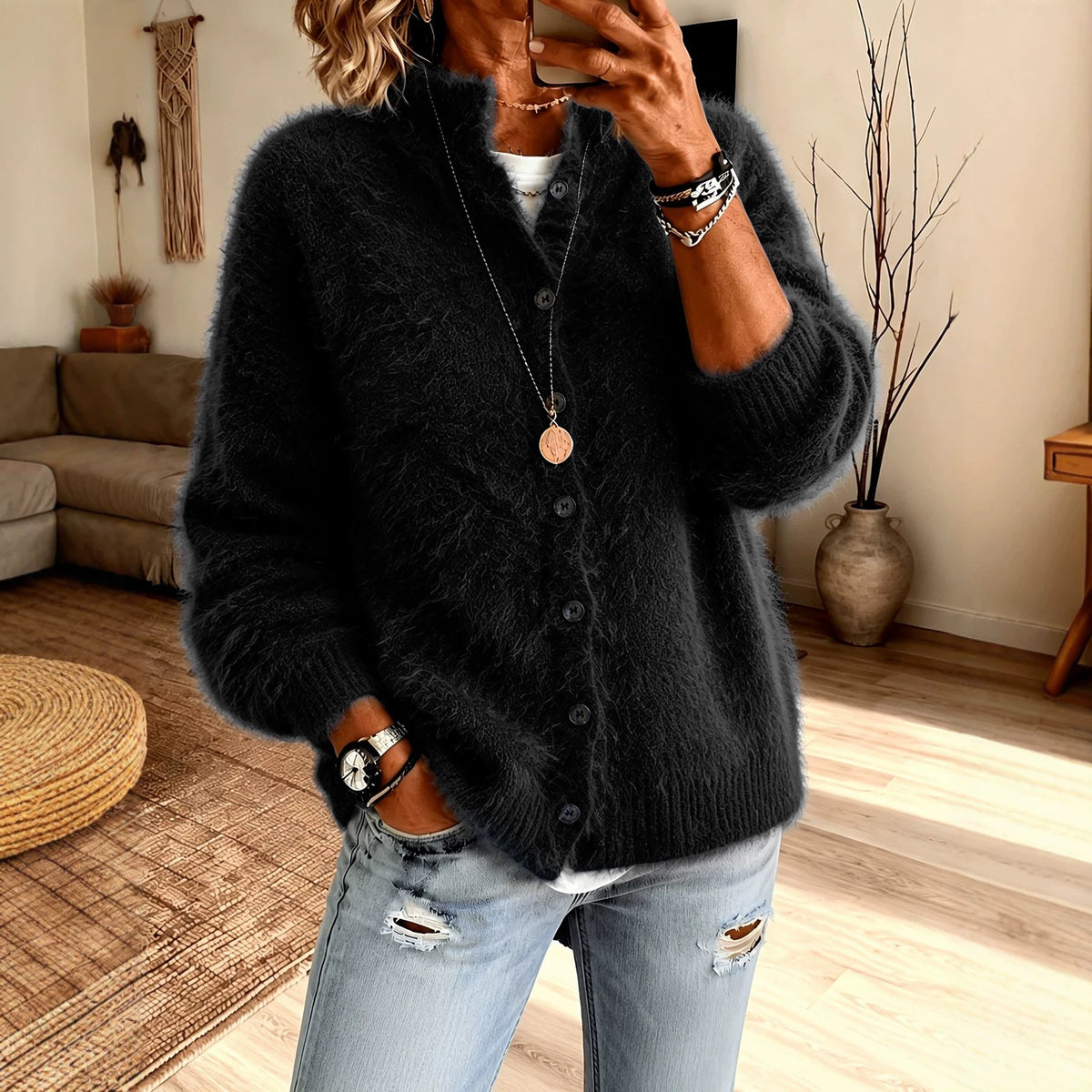 Fluffy Teddy Vest Dames – Cardigan Met Hoge Kraag