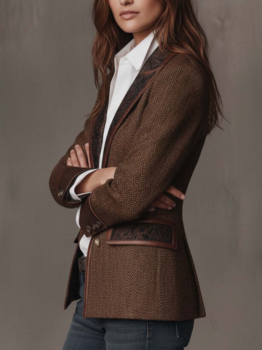 Vintage Blazer Dames – Visgraat Colbert Met Borduursel