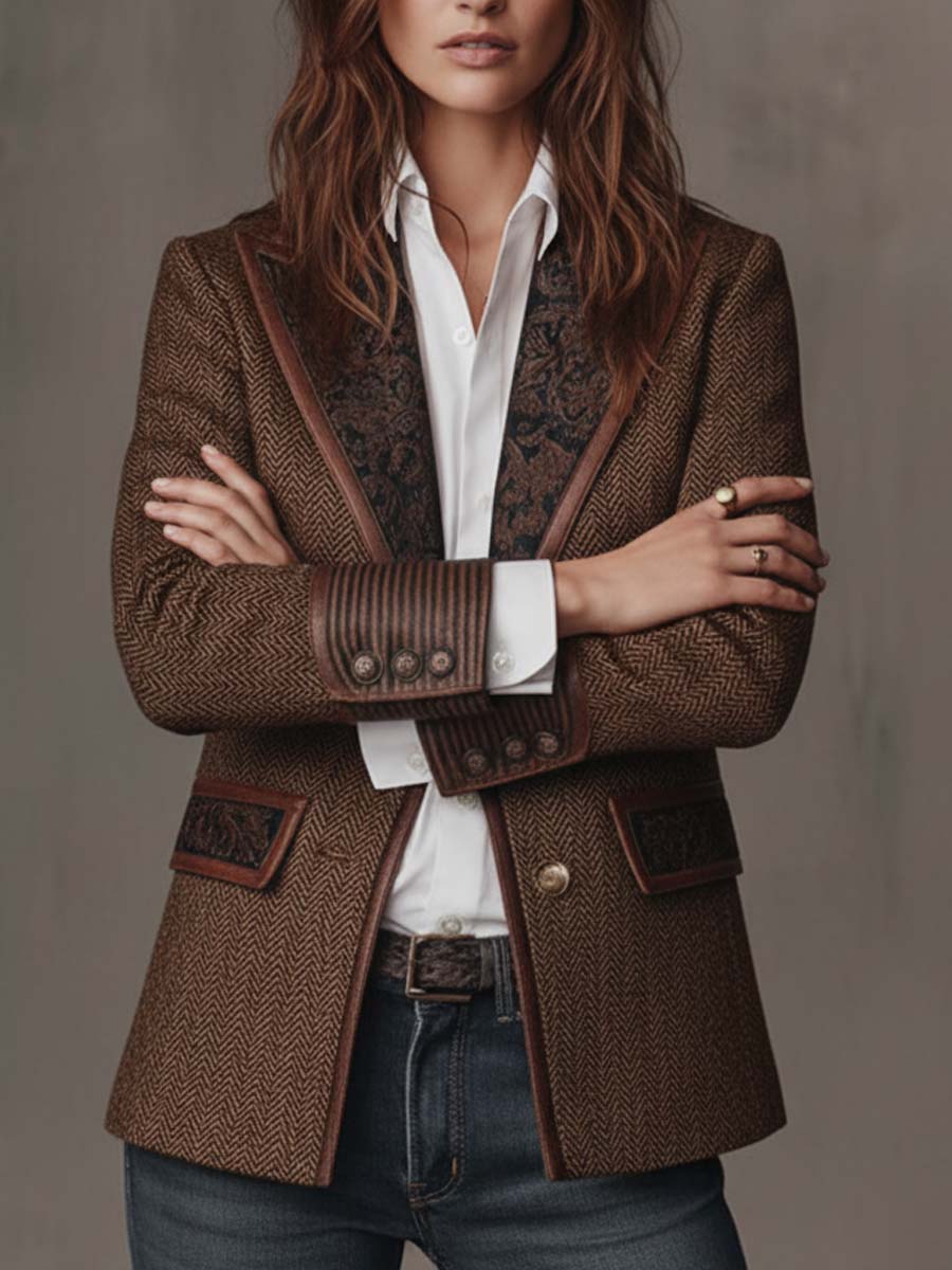 Vintage Blazer Dames – Visgraat Colbert Met Borduursel