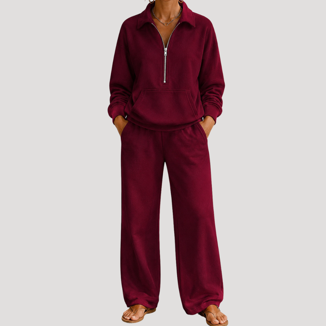 Warme Dames Tweedelige Set Met Ritskraag En Lange Broek