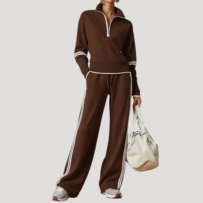 Sportieve Tweedelige Dames Set Met Hoge Kraag En Wijde Broek
