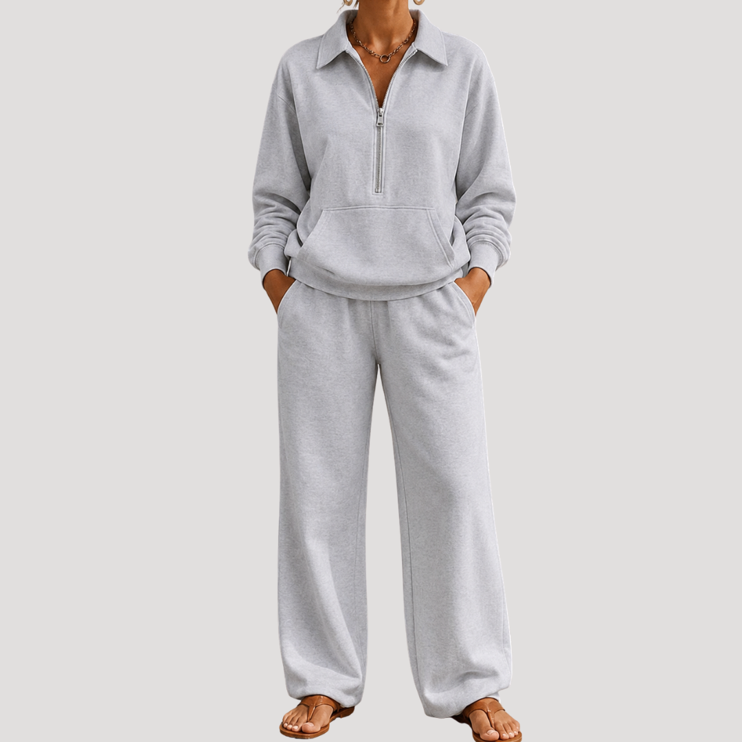 Warme Dames Tweedelige Set Met Ritskraag En Lange Broek