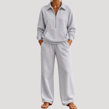 Warme Dames Tweedelige Set Met Ritskraag En Lange Broek