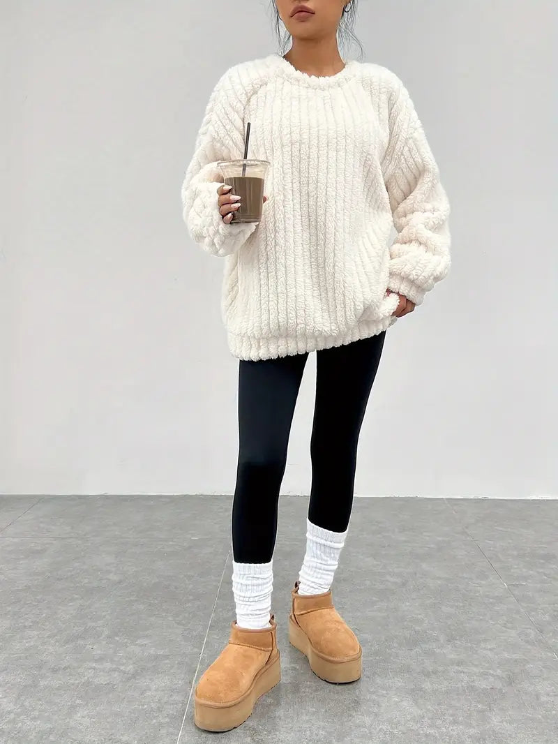Oversized Fleece Sweater Dames – Losvallende Trui Met Ronde Hals