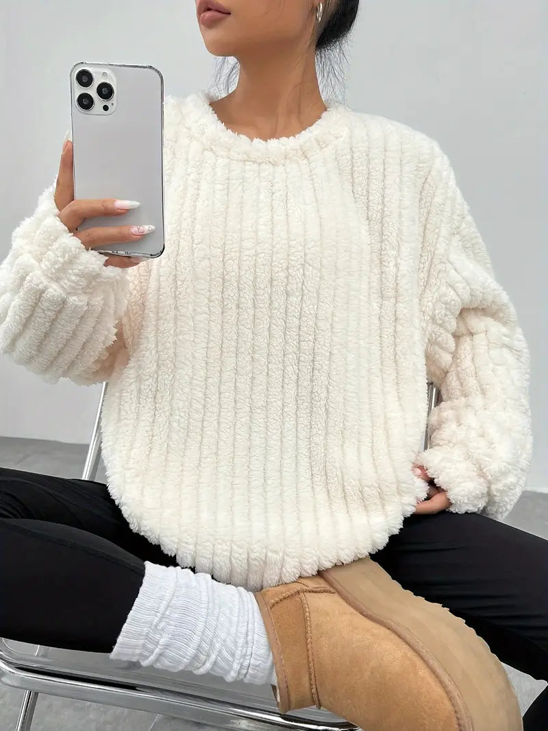 Oversized Fleece Sweater Dames – Losvallende Trui Met Ronde Hals