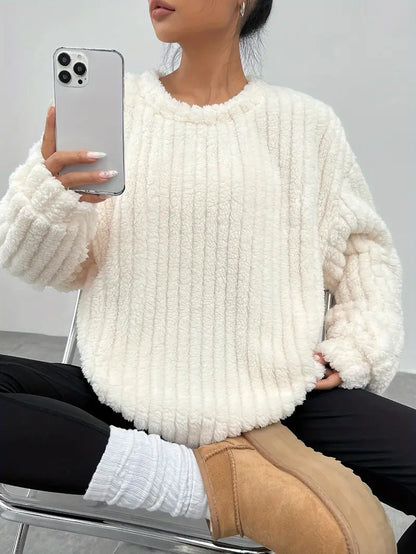 Oversized Fleece Sweater Dames – Losvallende Trui Met Ronde Hals