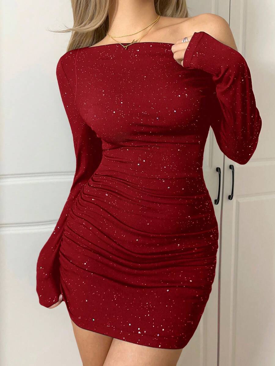 Glitter Jurk Dames One Shoulder – Feestelijke Mini Jurk Met Ruches