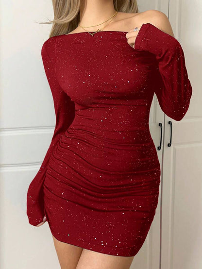 Glitter Jurk Dames One Shoulder – Feestelijke Mini Jurk Met Ruches