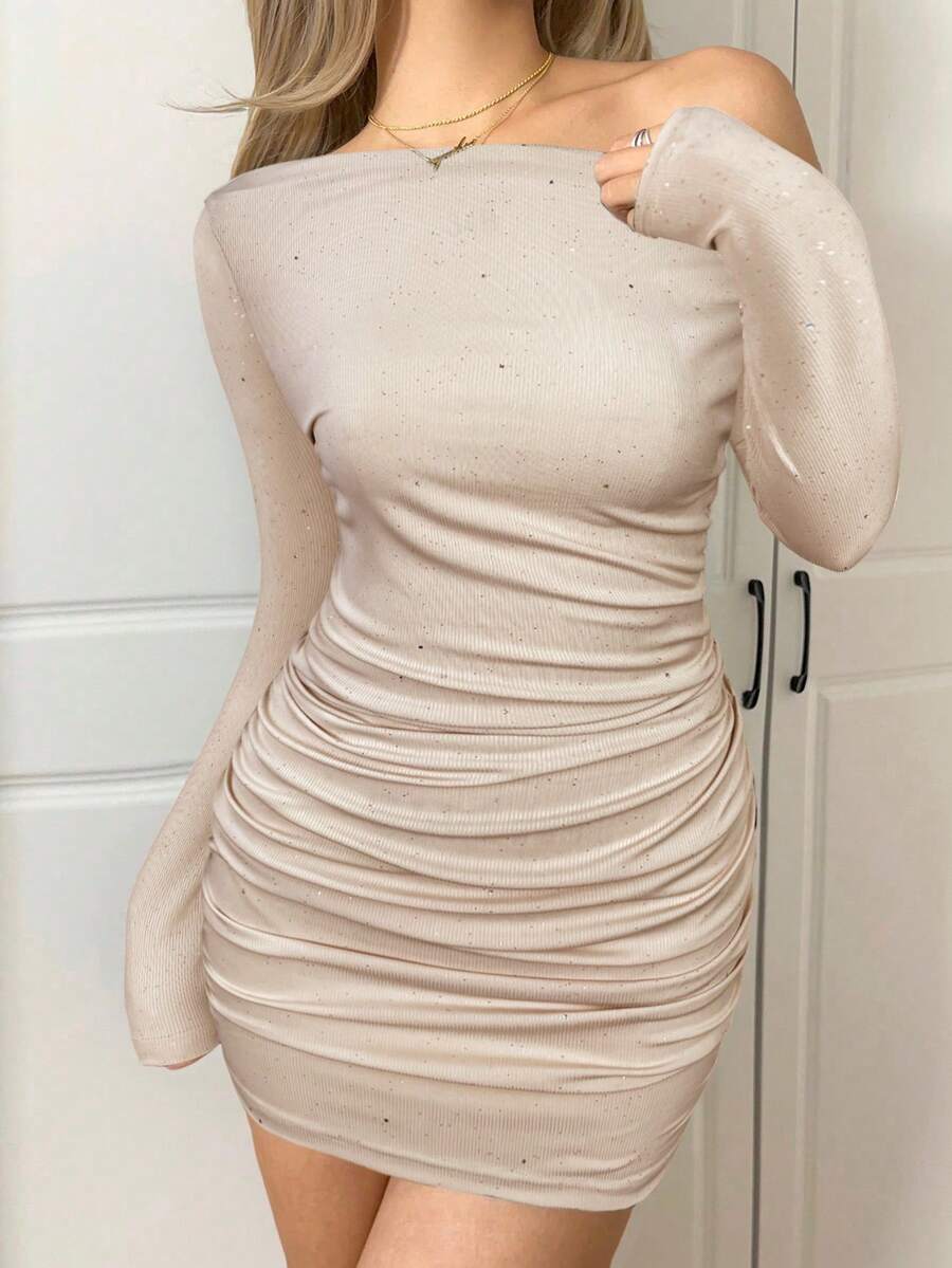 Glitter Jurk Dames One Shoulder – Feestelijke Mini Jurk Met Ruches