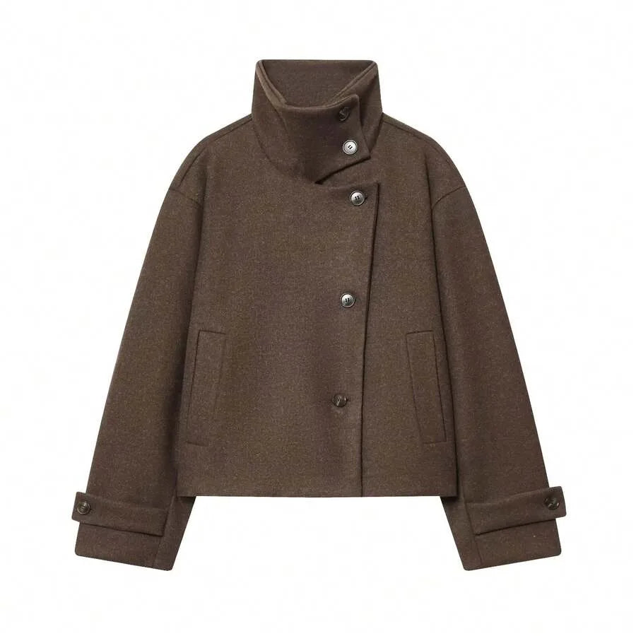 Korte Khaki Dames Jas Met Opstaande Kraag