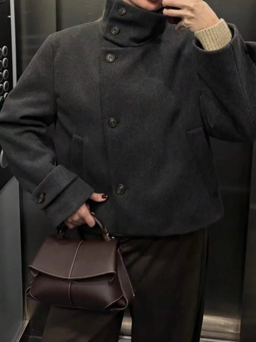 Korte Khaki Dames Jas Met Opstaande Kraag