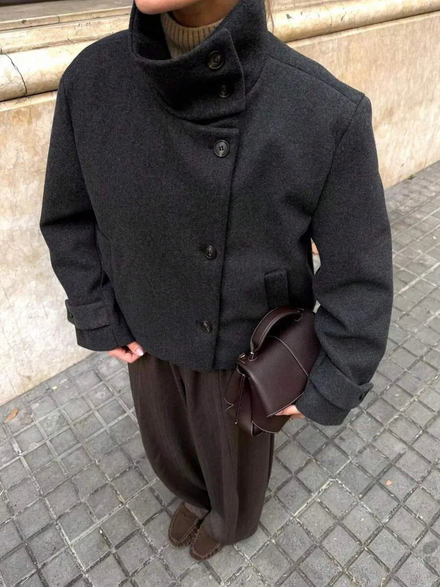 Korte Khaki Dames Jas Met Opstaande Kraag