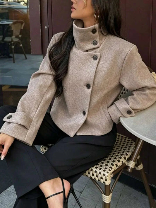 Korte Khaki Dames Jas Met Opstaande Kraag