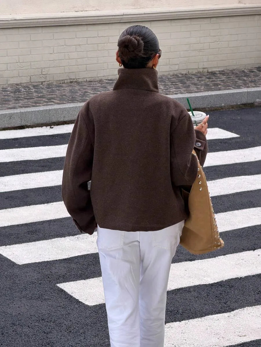 Korte Khaki Dames Jas Met Opstaande Kraag