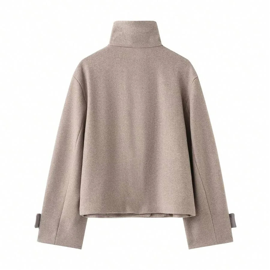 Korte Khaki Dames Jas Met Opstaande Kraag