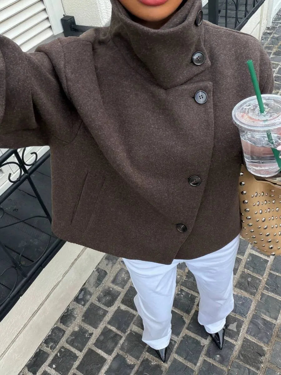 Korte Khaki Dames Jas Met Opstaande Kraag