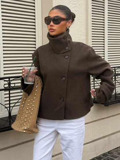 Korte Khaki Dames Jas Met Opstaande Kraag