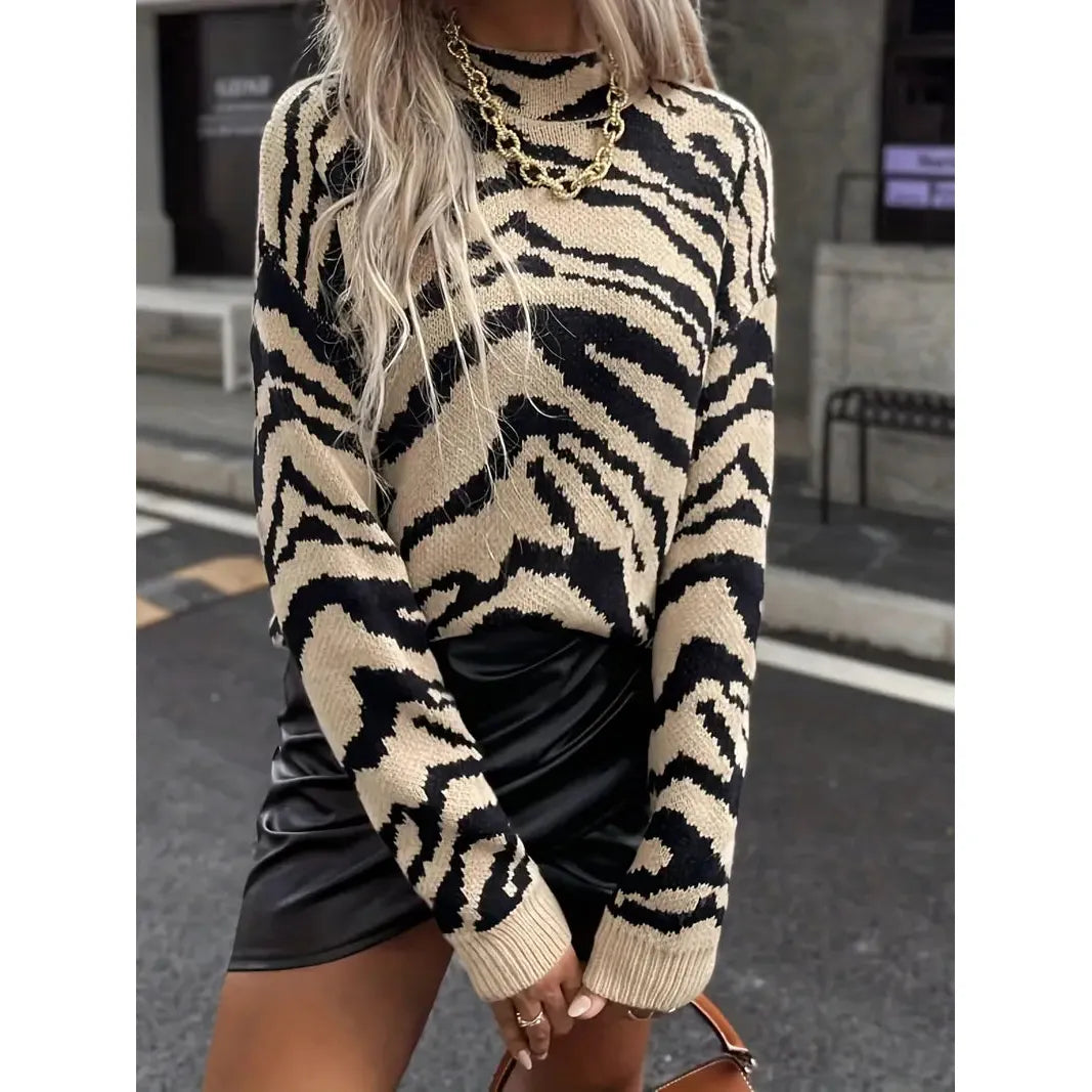 Zebraprint Trui Dames – Gebreide Sweater Met Ronde Hals